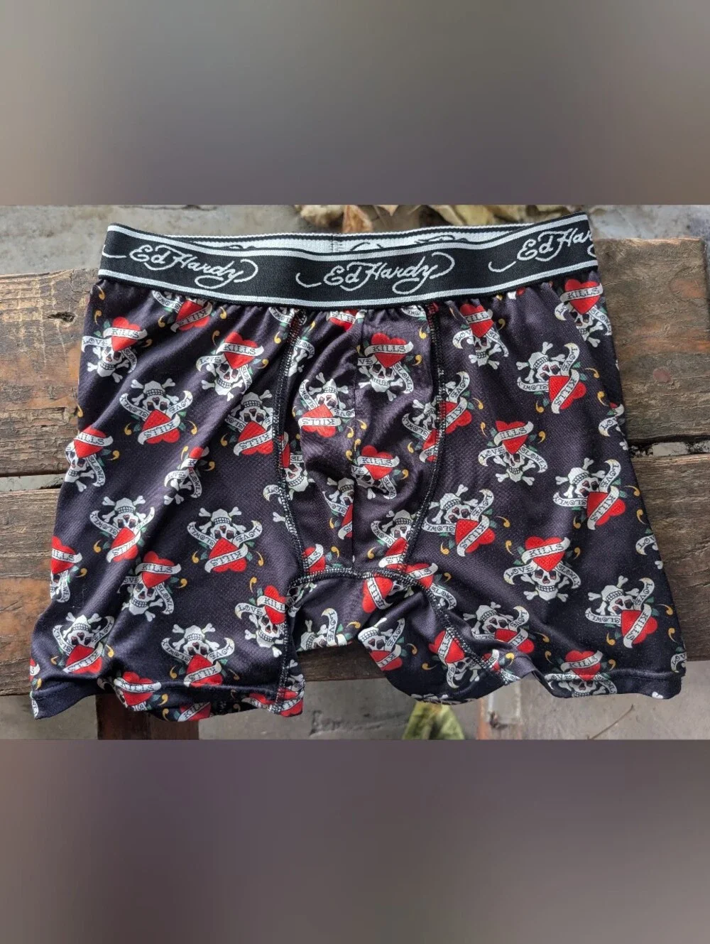 Ed Hardy Black Boxer Briefs with Red & White Skull Pattern